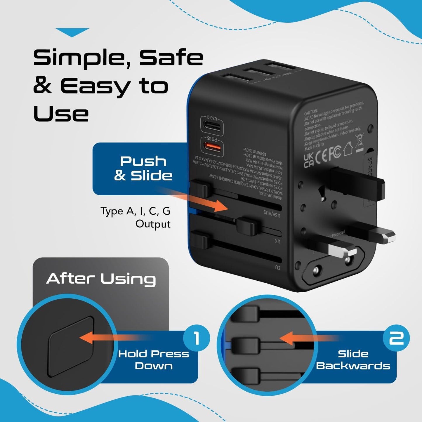 Universal Travel Adapter, 35W International Power Adapter with PD & QC 3.0 Dual USB-C, 3 USB Travel Adapter Worldwide, Type I C G a Outlets 110V 220V A/C - EU Euro US UK (11-KU)
