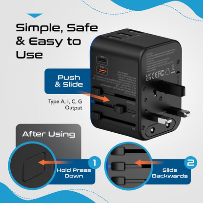 Universal Travel Adapter, 35W International Power Adapter with PD & QC 3.0 Dual USB-C, 3 USB Travel Adapter Worldwide, Type I C G a Outlets 110V 220V A/C - EU Euro US UK (11-KU)