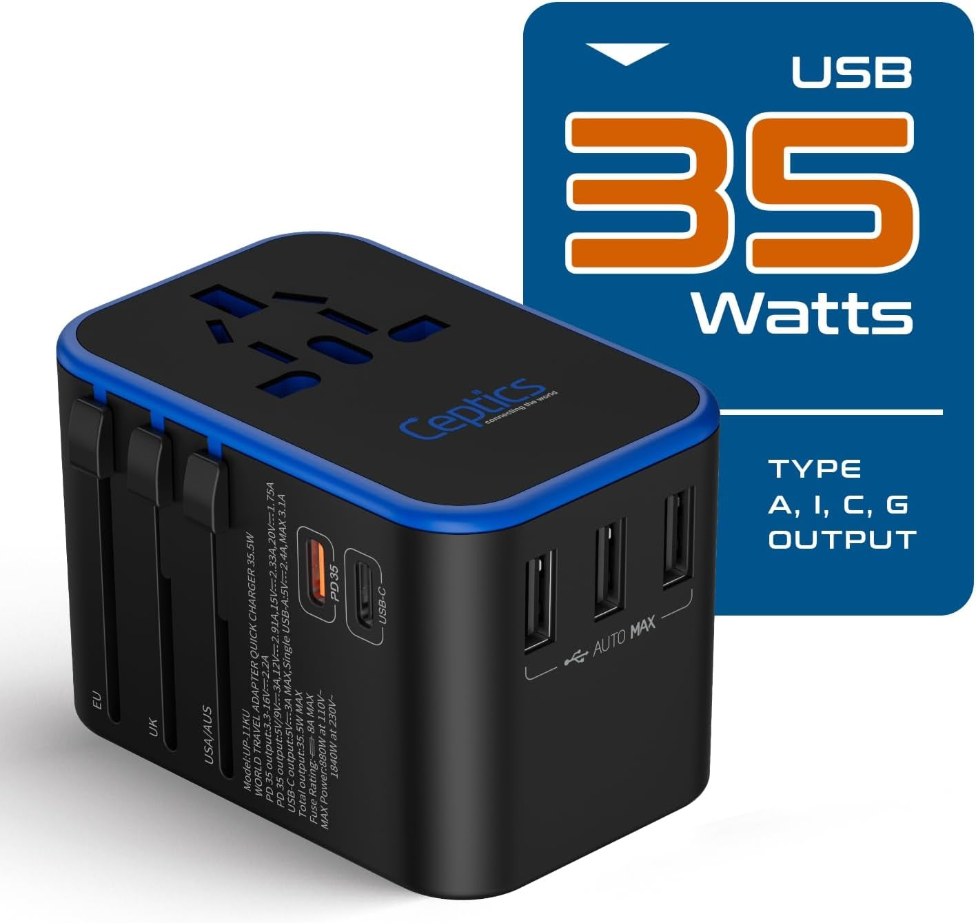 Universal Travel Adapter, 35W International Power Adapter with PD & QC 3.0 Dual USB-C, 3 USB Travel Adapter Worldwide, Type I C G a Outlets 110V 220V A/C - EU Euro US UK (11-KU)